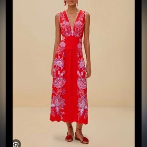 Farm Rio Red Porcelain Garden Euroflax™ Premium Linen Midi Dress